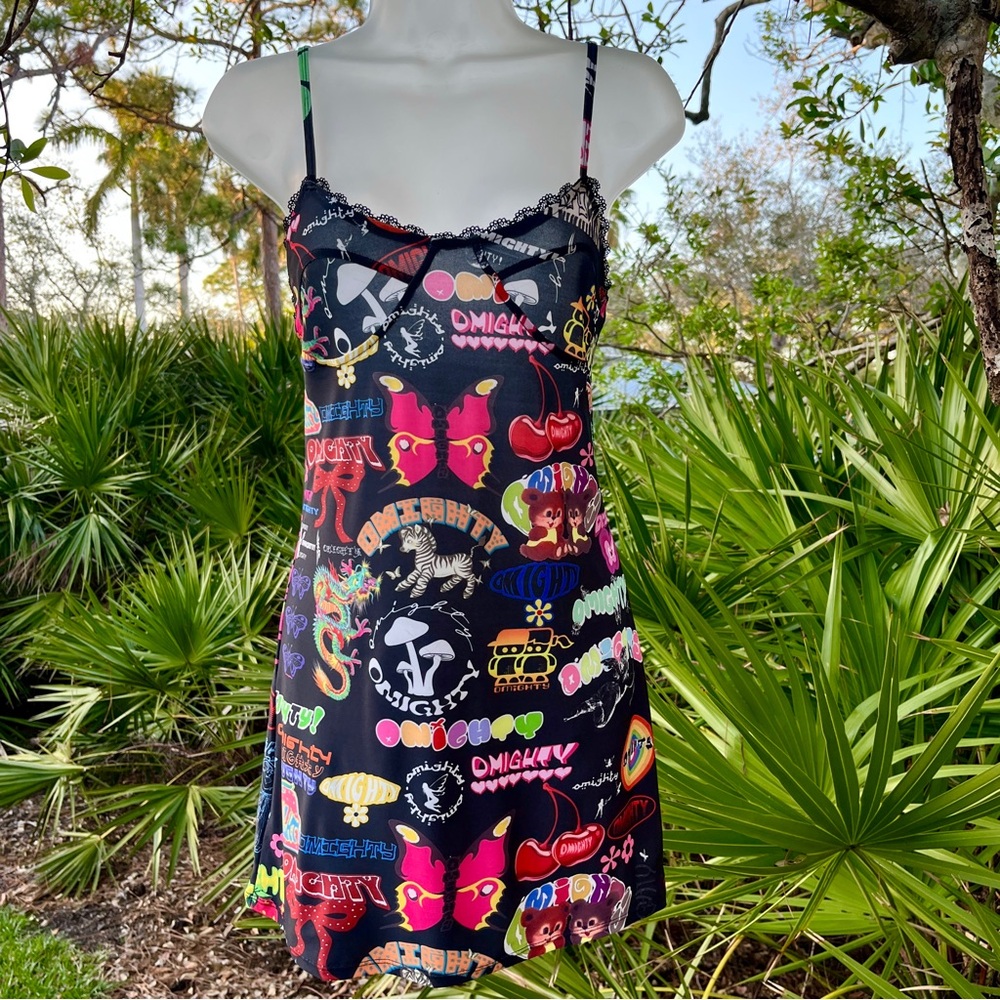 Omighty Logomania Black Mini Dress Size S Stretch Tattoo Sexy Sheer Straps Layer